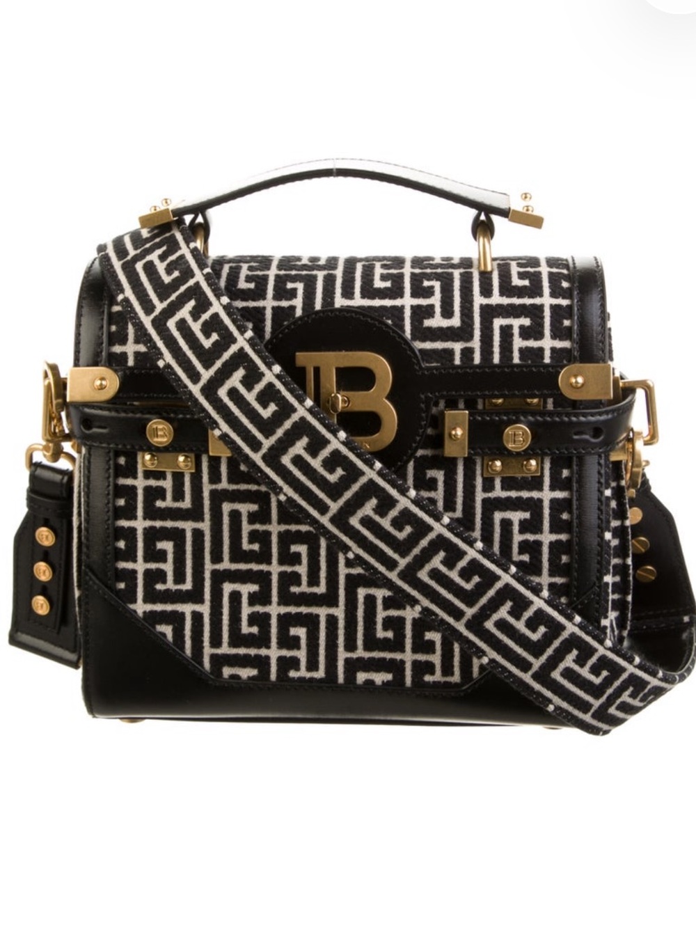 Balmain Black and White Monogram B-Buzz Crossbody with Gold Hardware